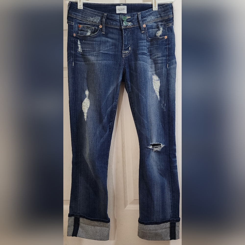 Women's Hudson Crop Denim Blue Jeans Ginny Straight With Cuff Size 28